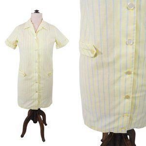 Vintage 1960s Yellow Stripe Dress Blue Mod Shift | W 40"